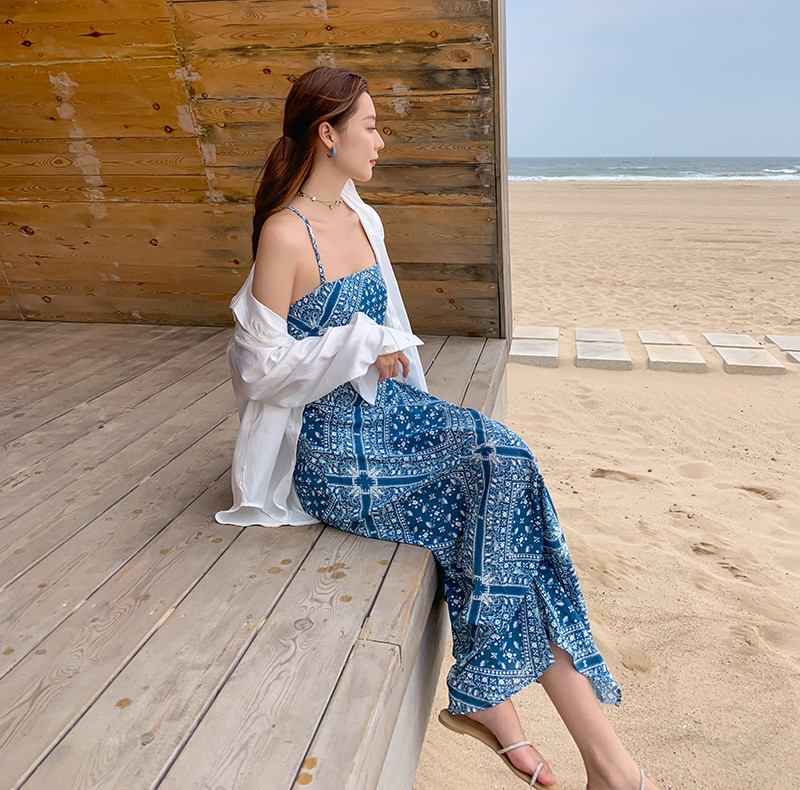 Blue Back Tie Halter Strap 104cm Bohemian Beach Dress
