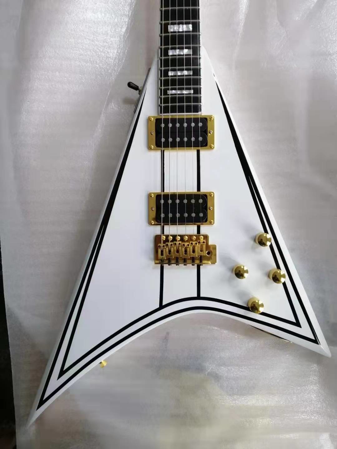 V shape 6 string electric guitar, white body, gold hardware, Fingerboard ebony, free shipping
