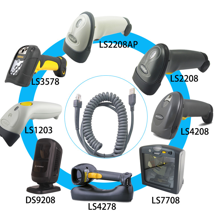 Spiral Retractable Rj45 To USB Cable For Symbol Ls2208 Barcode Scanner