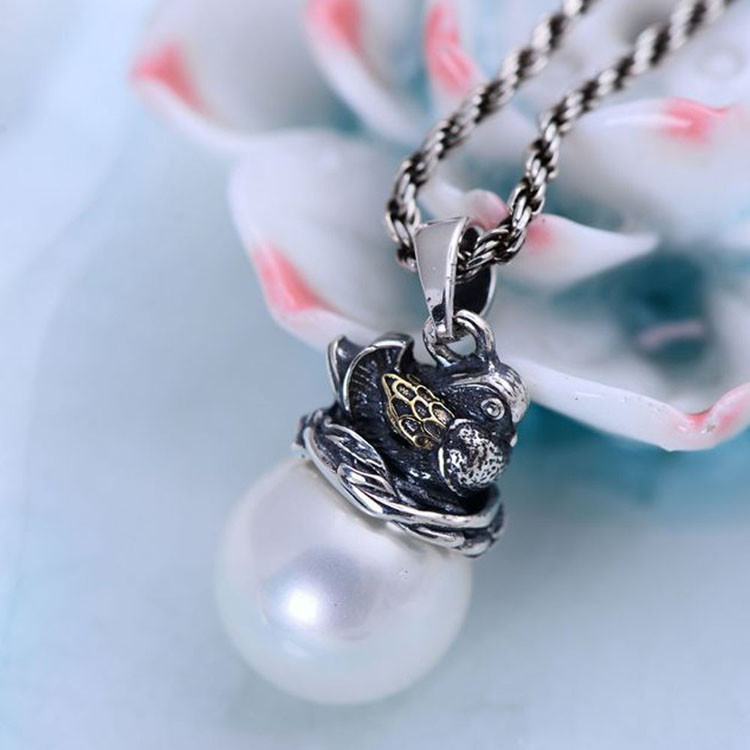 Women Retro 925 Silver Shell Pearl Bird Pendant Necklace (XH056542W)