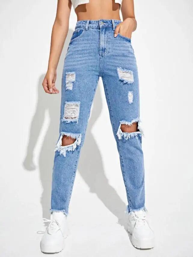 Hot Sale Summer Fashion Women Denim Pants Wholesale High Quality Ripped High Street Wear Solid Jeans