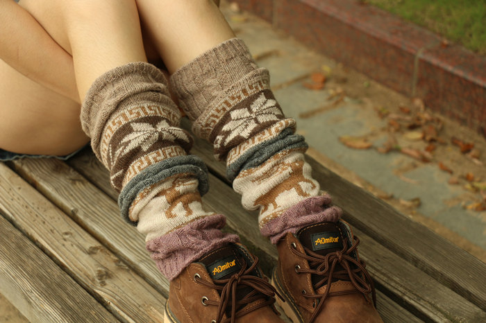 women deer snowflake jacquard knit boot socks wood feel casual wool acrylic, socks, warmer