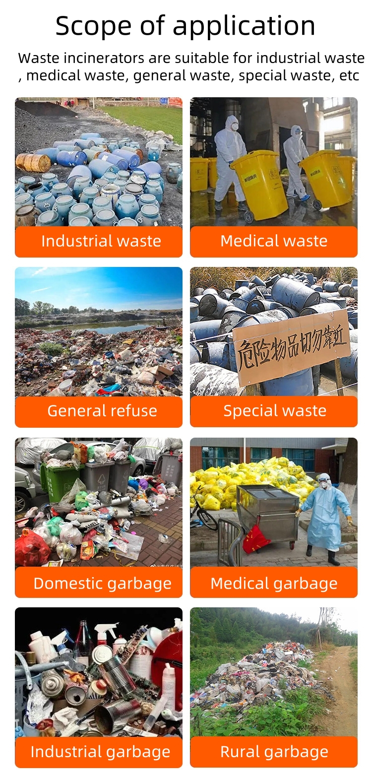 Diesel Oil Burning General Waste Incinerator For Medical / Animal / Farm / City Waste Disposal Customized Blue Red Grey Green