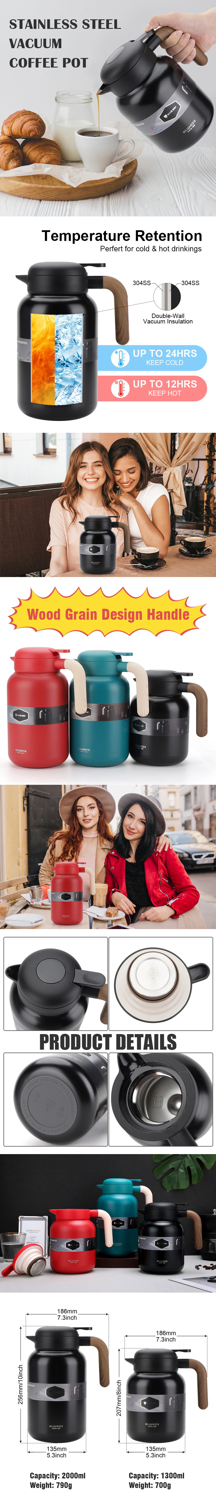 1300ml 2000ml Double Wall Stainless Steel Vacuum Insulated Coffee Carafe Thermos Hot Water Tea Pot