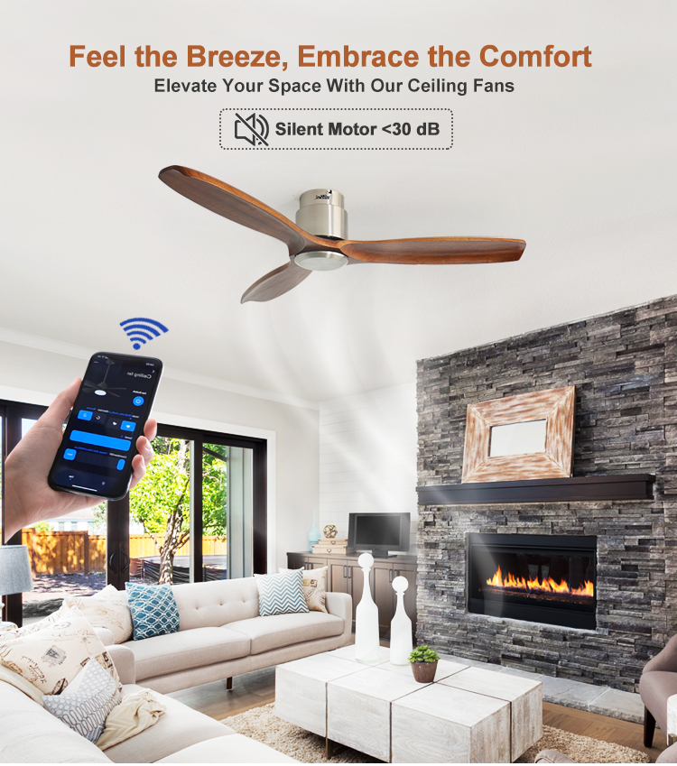Modern 52" Low Profile DC Adjustable Wind Flush Mounted Ceiling Fan with Wood Blades