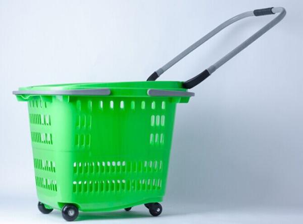 Cheap Stackable 4 Wheels Plastic Shopping Basket / Movable Cloth Shopping Trolley On Wheels for sale
