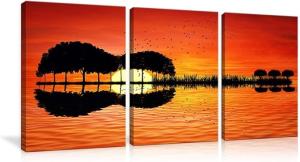Quality Urttiiyy 3 Panel Canvas Art Prints Music Abstract Guitar Tree Lake Sunset Art Painting wholesale