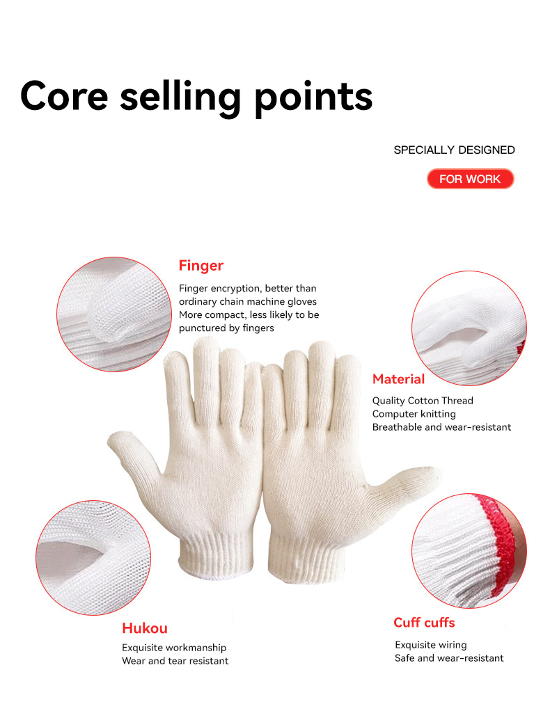 Hard-Wearing Deep White Cotton Hand Safety Knitted Work Gloves with Customized Weight