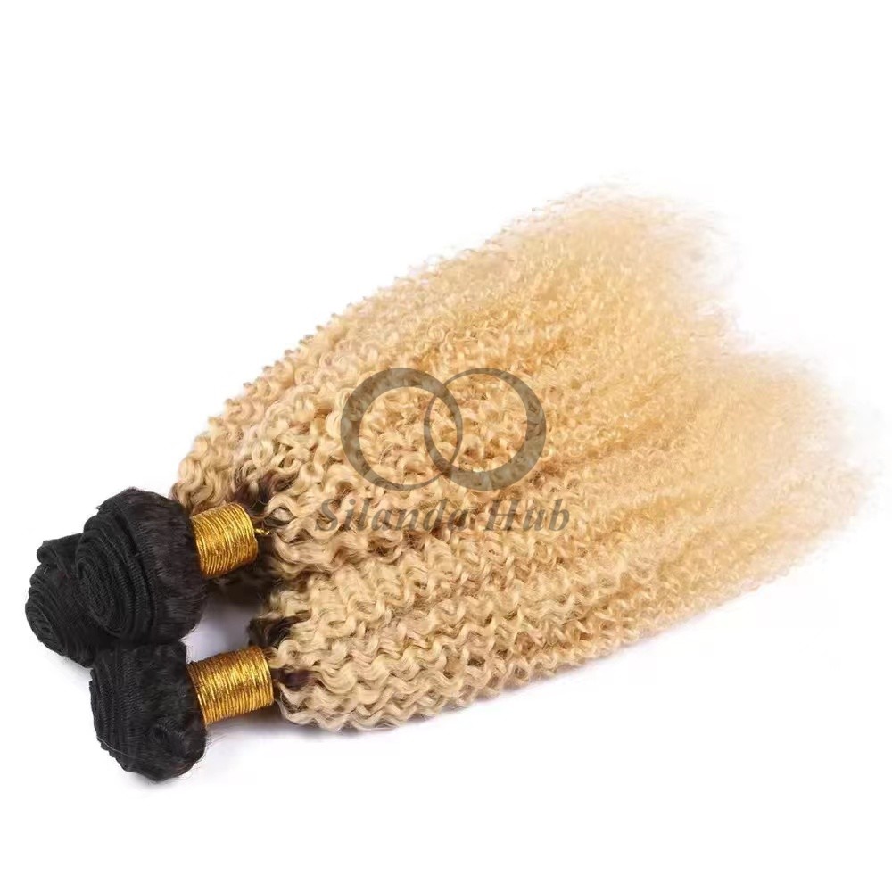 #T1B/613 Bleached Blonde Kinky Curly Remy Human Hair Bundles Sew In Weave Bundles Brazilian Bundle Deals