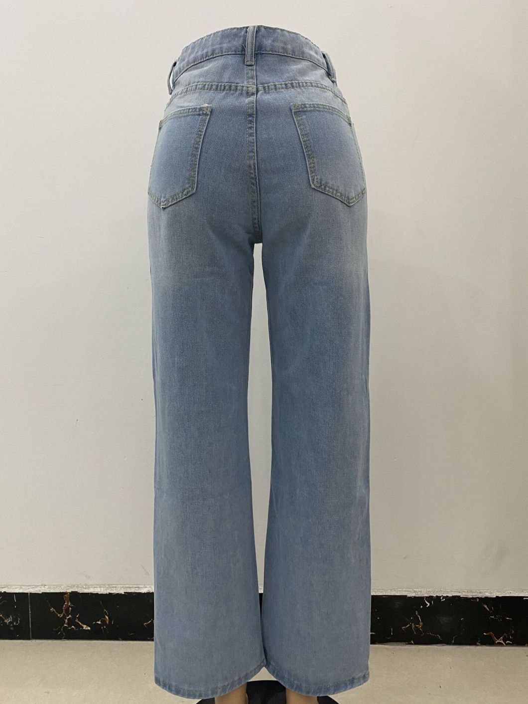 Fashion Loose Light Blue Denim Pants Wide Leg Ripped Jeans for Women