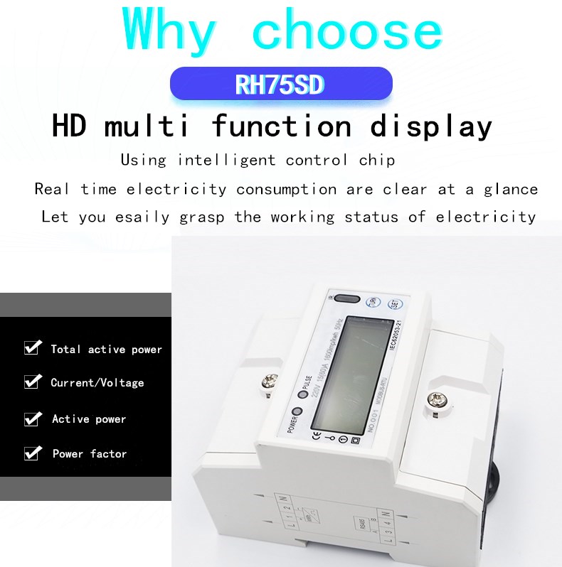 CN75SD Multi function DIN Rail 1 Phase 2 Wire 220V 15(60)A 1600imp/kwh Energy meter with RS485