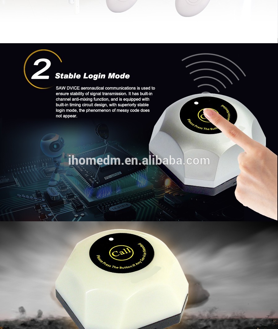 Simple design 1 key waterproof white round fat wireless service caller push button for restaurant and hospital