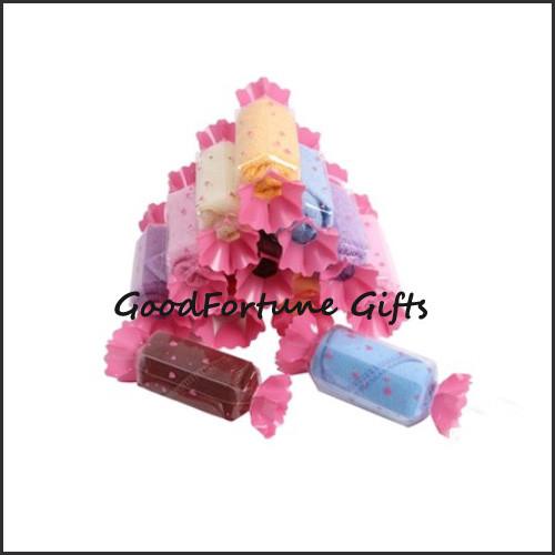 cheap promotional creative candy shape cotton towel wedding birthday festival