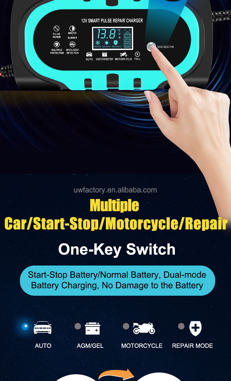Car 12V 10A LCD Display Smart Battery Charger with Short Circuit Protection and Universal Design