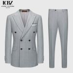 Business Needs Business Suits Gray Striped Double-breasted Gun Lapel Slim Fit 3