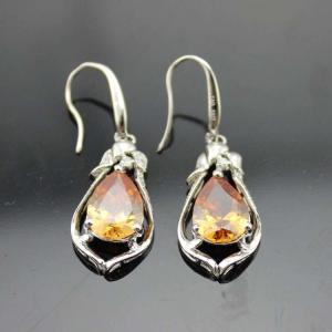 Quality 925 Silver Jewelry 8mmx10mm Pear Citrine Cubic Zircon Dangle Earrings (PSJ03222) wholesale