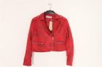 Black Red Cropped Ladies Suede Bomber Jacket With Jacquard Weave