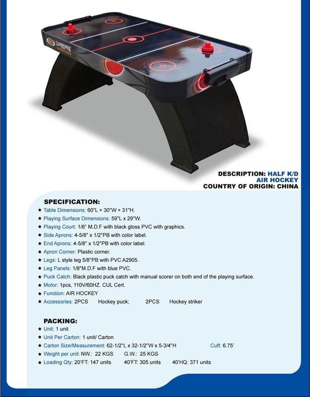 Family 5FT Air Hockey Game Table High Velocity Motor With 2 Strikers / Pucks