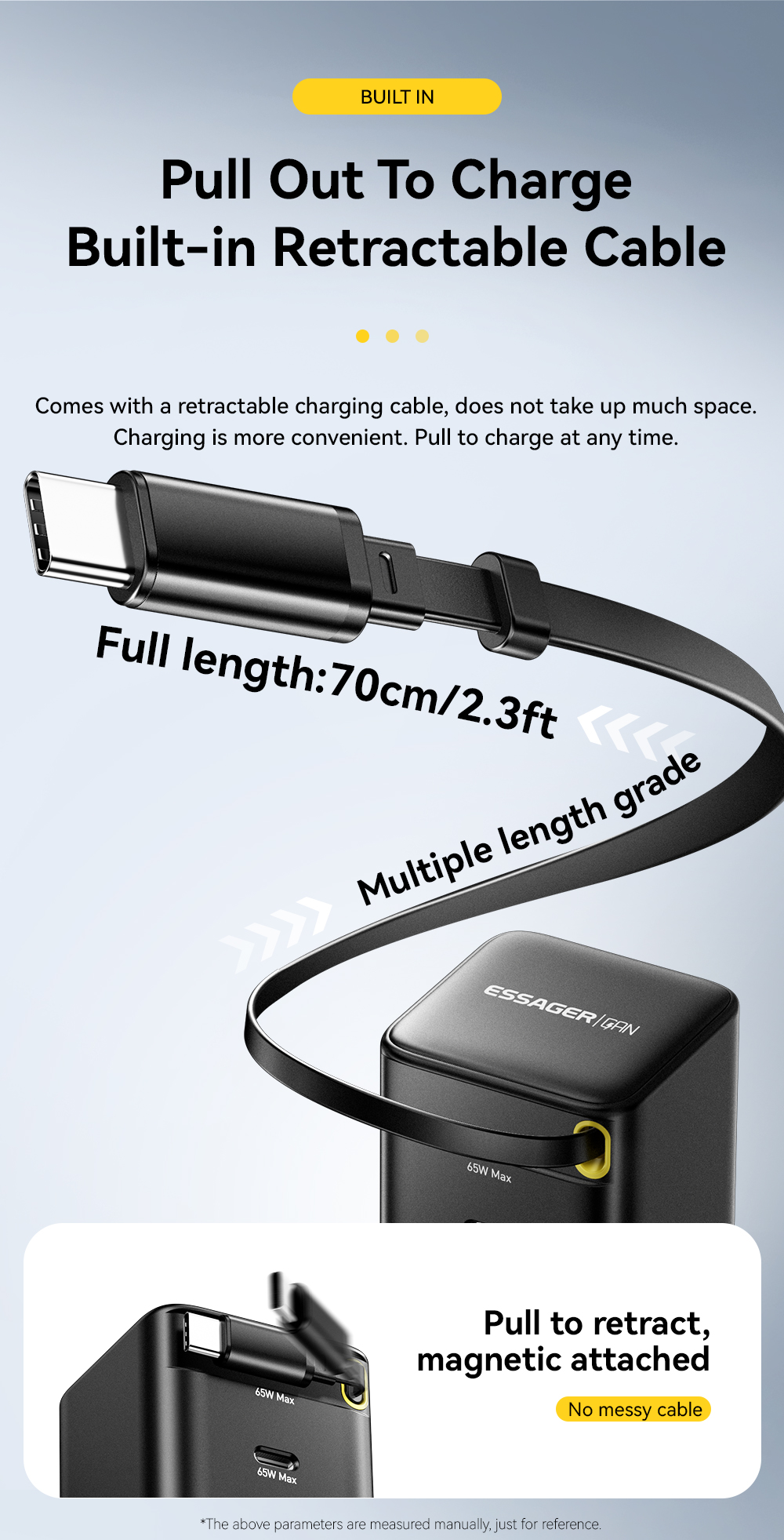 ESSAGER G652CU Series 65W Built-In USB-C Cable GaN USB-C Charger