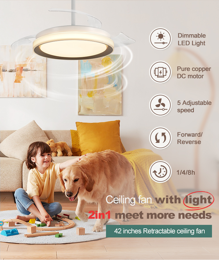 Home Hotel Office LED Ceiling Fan Retractable PC Blades and 3000K/4500K/6000K LED Light