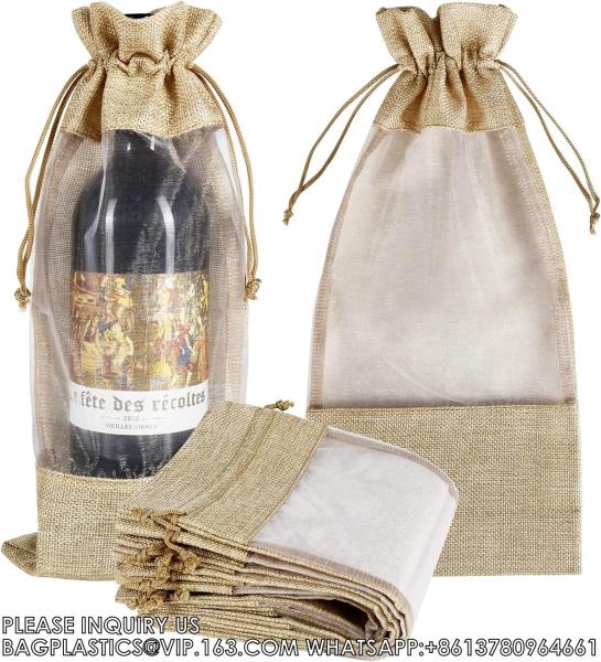 Burlap Wine Bags With Sheer Window, Hessian Cloth Bottle Gift Bags With