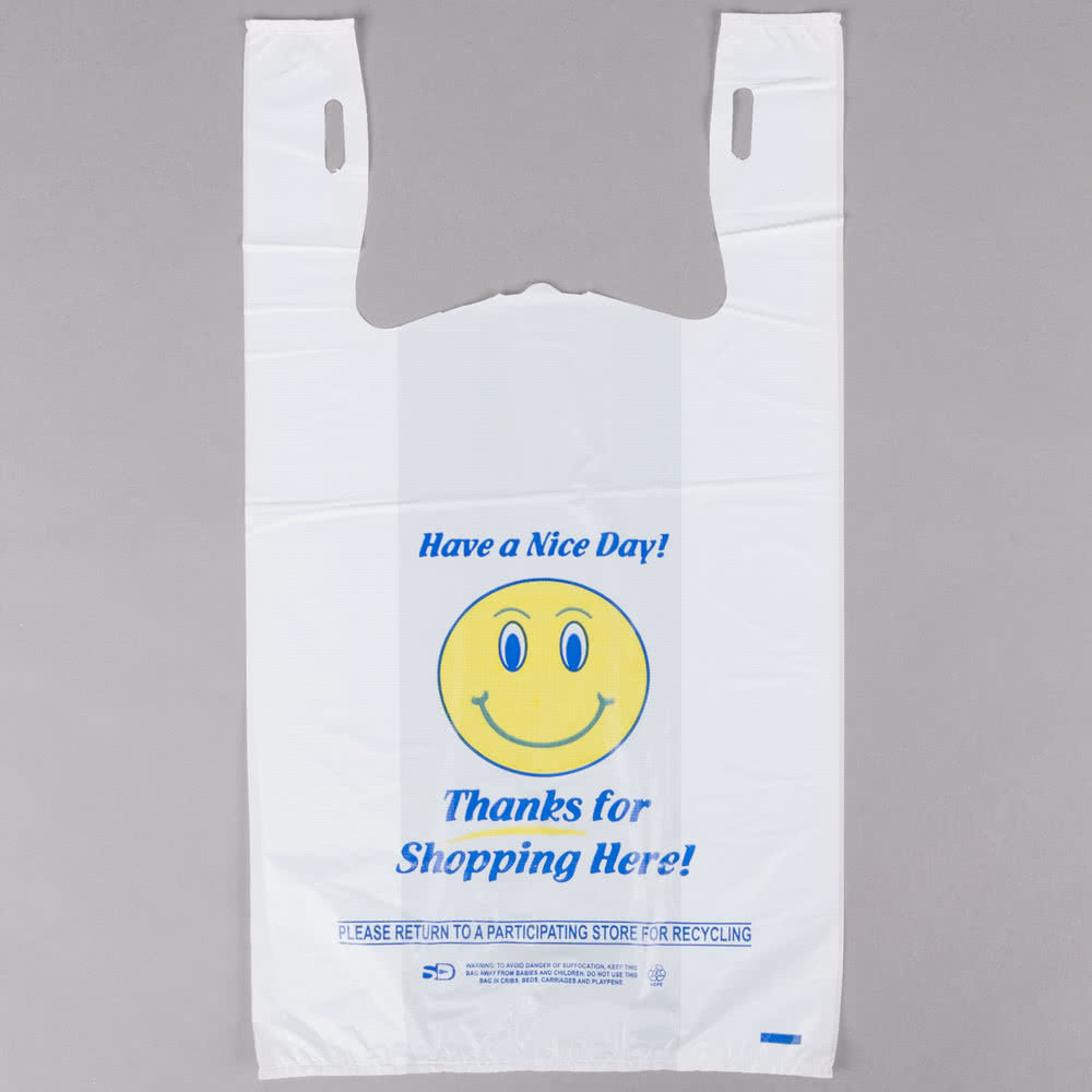 1 / 6 Size 0.71 Mil T Shirt Shopping Bags Heavy Duty Happy Face Pattern