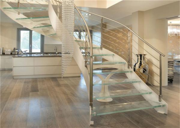 Interior Wrought Iron Curved Wooden Staircase , Floating Wood Stairs Customize