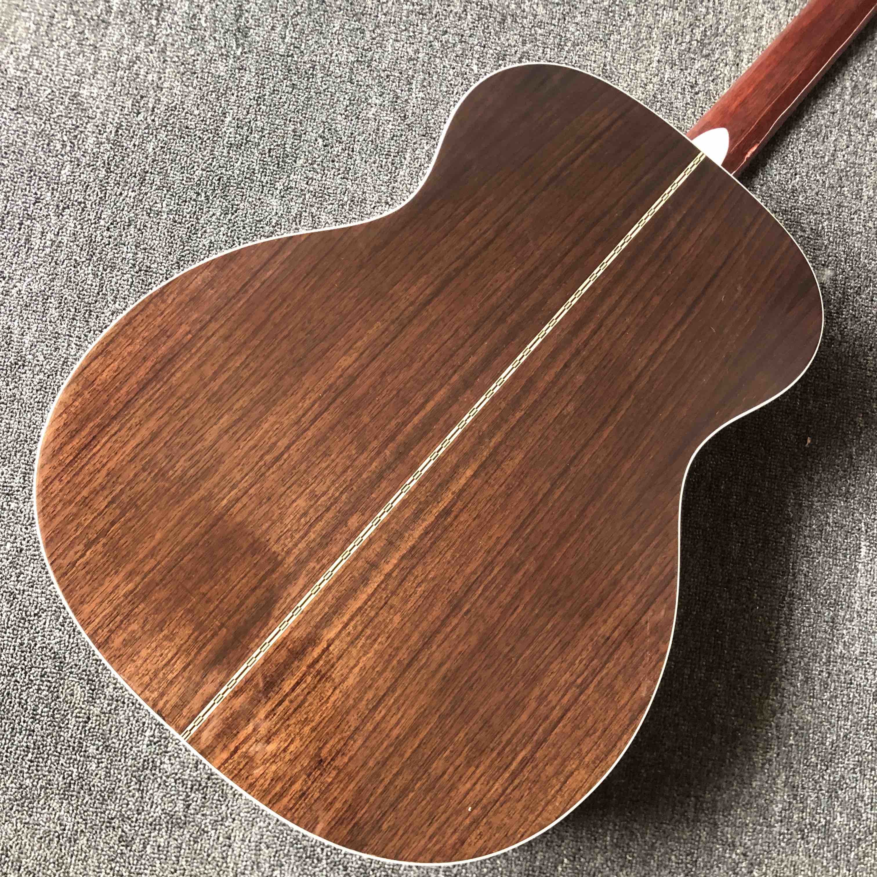 Custom acoustic electric guitar OM body round body solid top guitar rosewood fingerboard mahogany back side with EQ