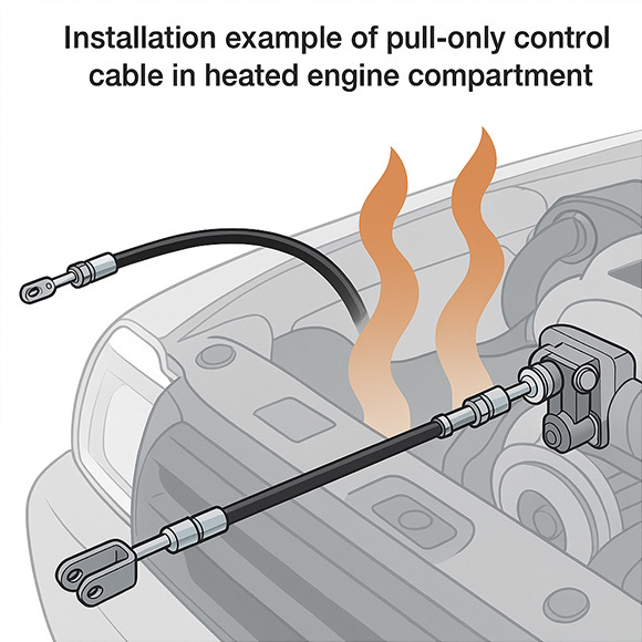 Installation example of pull-only control cable in heated engine compartment