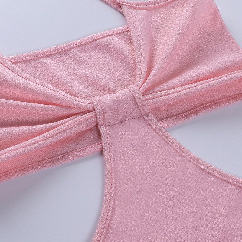 Low Cut Halter Suspender Sexy Women Dresses 61cm Pink High Waist Hollow Stitching
