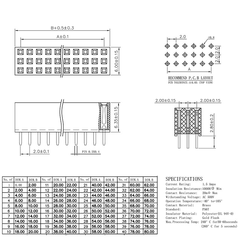 Female Three Row 2-50 Pin Header Connector 2.0mm Pitch Board To Board PCB Connector