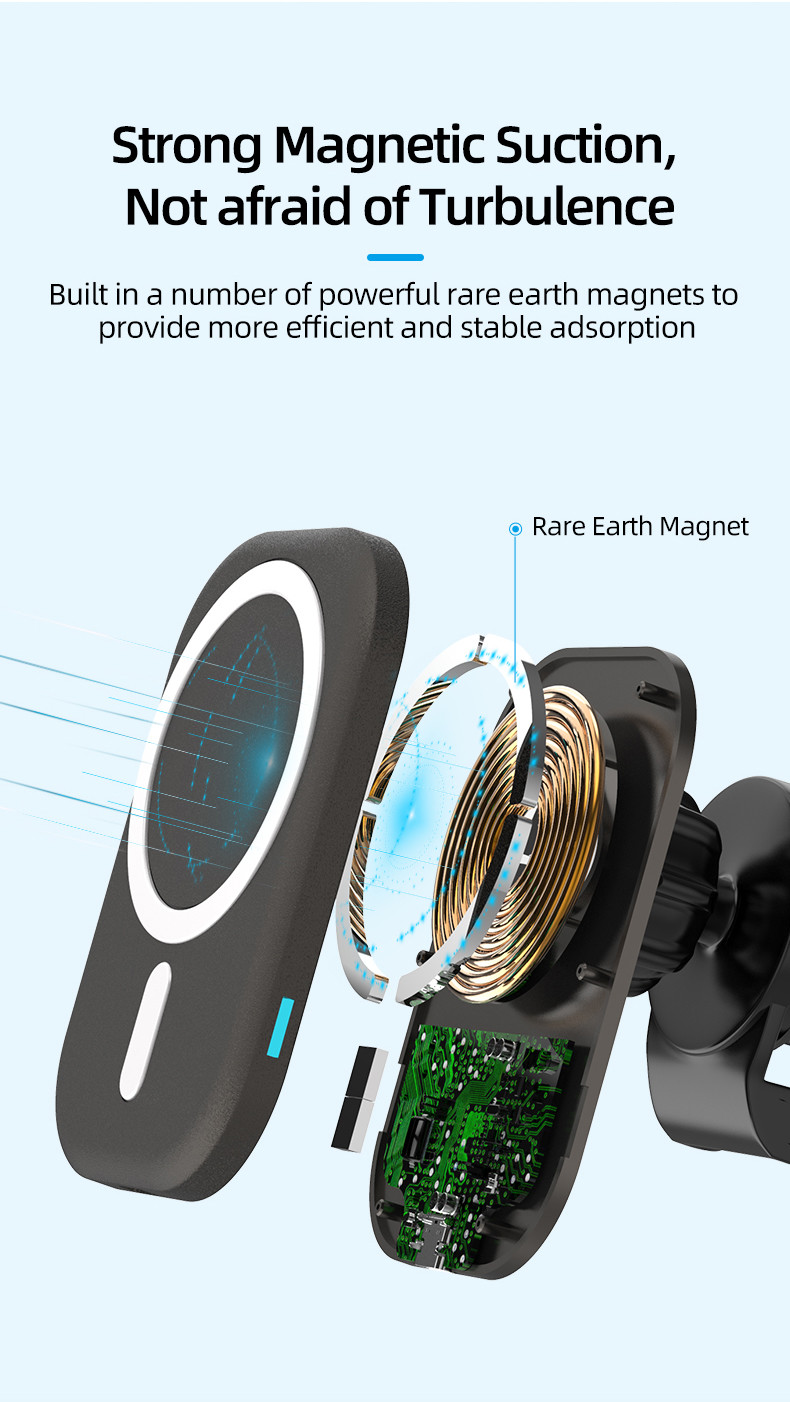 15W Magnetic Wireless Car Charger Air Vent Mounting with ABS Silicone Gel Material