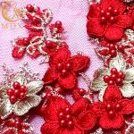 Red Gold Beautiful Applique 3D Embroidery Lace Fabric For Evening Dress
