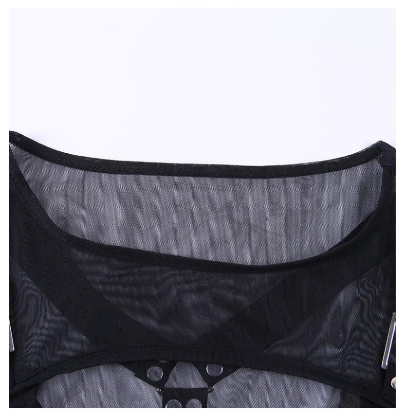 European and American modern punk style dark black sexy mesh stitching perspective hollow dress