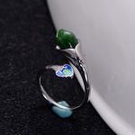 925 Sterling Silver Enamel Natural Jade Ring Open Adjustable Size (059850)