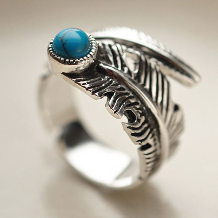 Turquoise Adjustable Tribal Feather Ring 925 Sterling Silver Band Ring (024952)