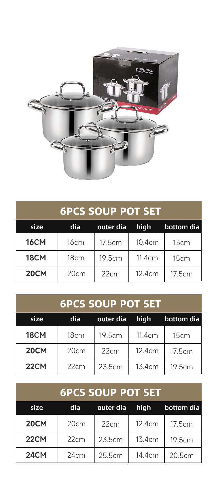 New Arrival 3 Piece Cookware Set Stainless Steel Soup Pot Stock Pot Set Cooking Cookware Set