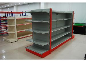 Quality Single Sided Metal Store Shelving , Supermarket Display Fixtures With Fence wholesale