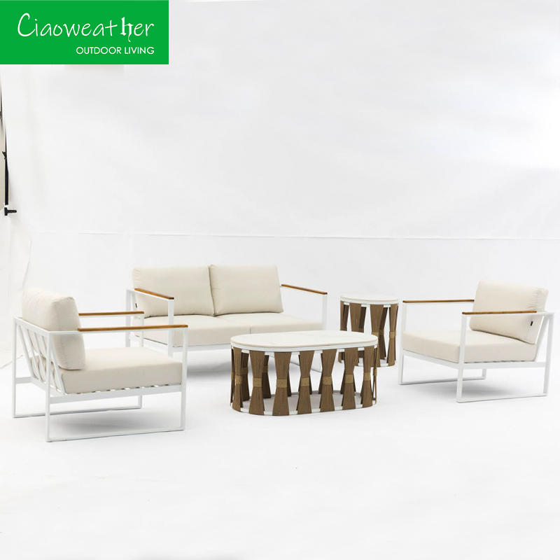 Outdoor Garden Furniture White Aluminum Sofa Set with OutdoorFoam Cushion and Water-Resistant Fabric