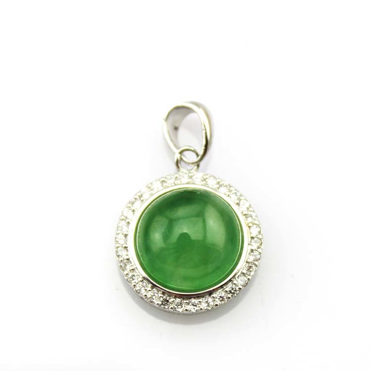 Sterling Silver Bead Chain Necklace Round 11mm Green Jade Cubic Zirconia Pendant (PSJ025)