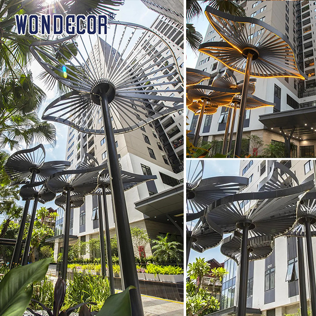 Large Stainless Steel Outdoor Sculpture Geometric Leaf Shaped Pavilion In Courtyard Square