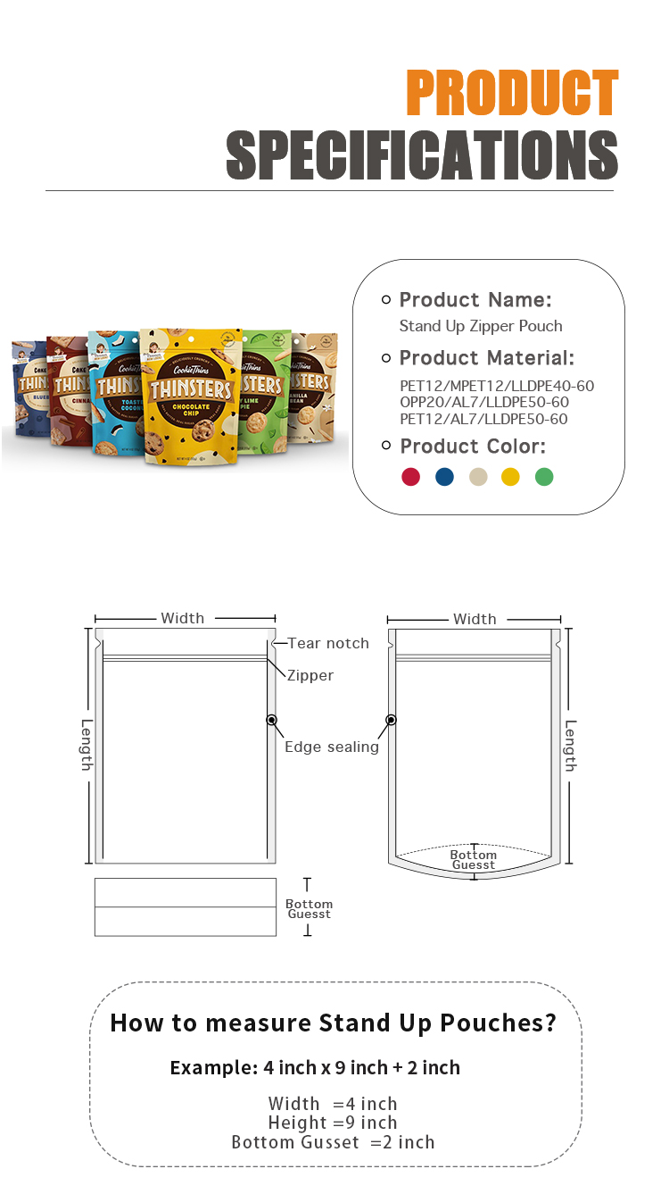 Customized Flat Bottom Cookie Packaging Pouch Stand Up Pouch Chocolate Chip Zipper Food Packaging Bag