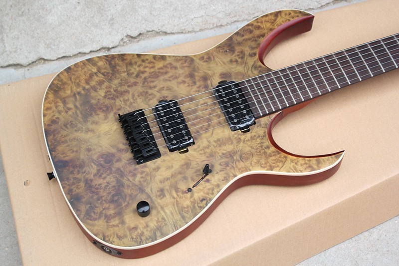 Custom Brown 7-String Alder Electric Guitar with Burl Veneer,24 Frets,2 Open Pickups,White Binding