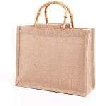 Portable Burlap Jute Shopping Bag Bamboo Loop Handles Reusable Tote Grocery Bags