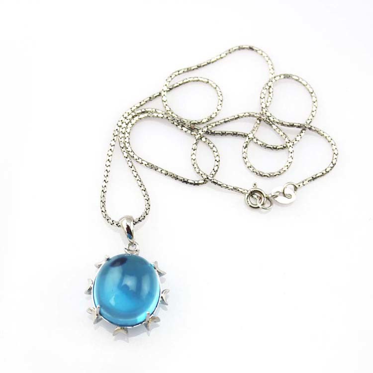 Women Jewelry 14mmx16mm Oval Dome Blue Topaz Cubic Zirconia Pendant Necklace (PSJ0197)