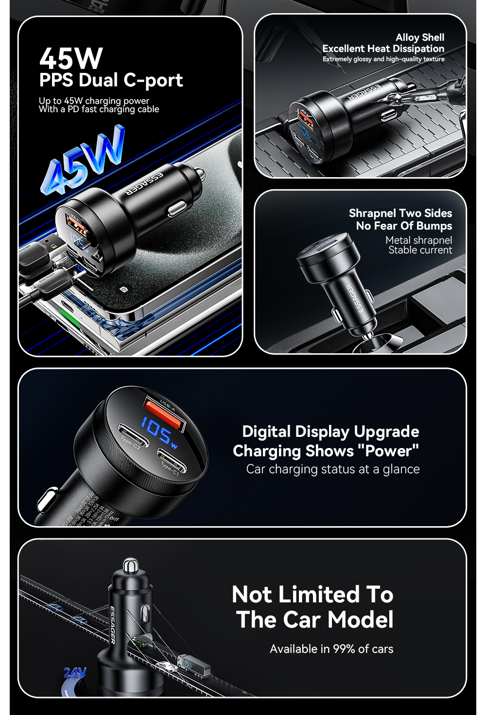 ESSAGER FSJ-008 Series 105W 3 Ports Fast USB Type C Car Charger