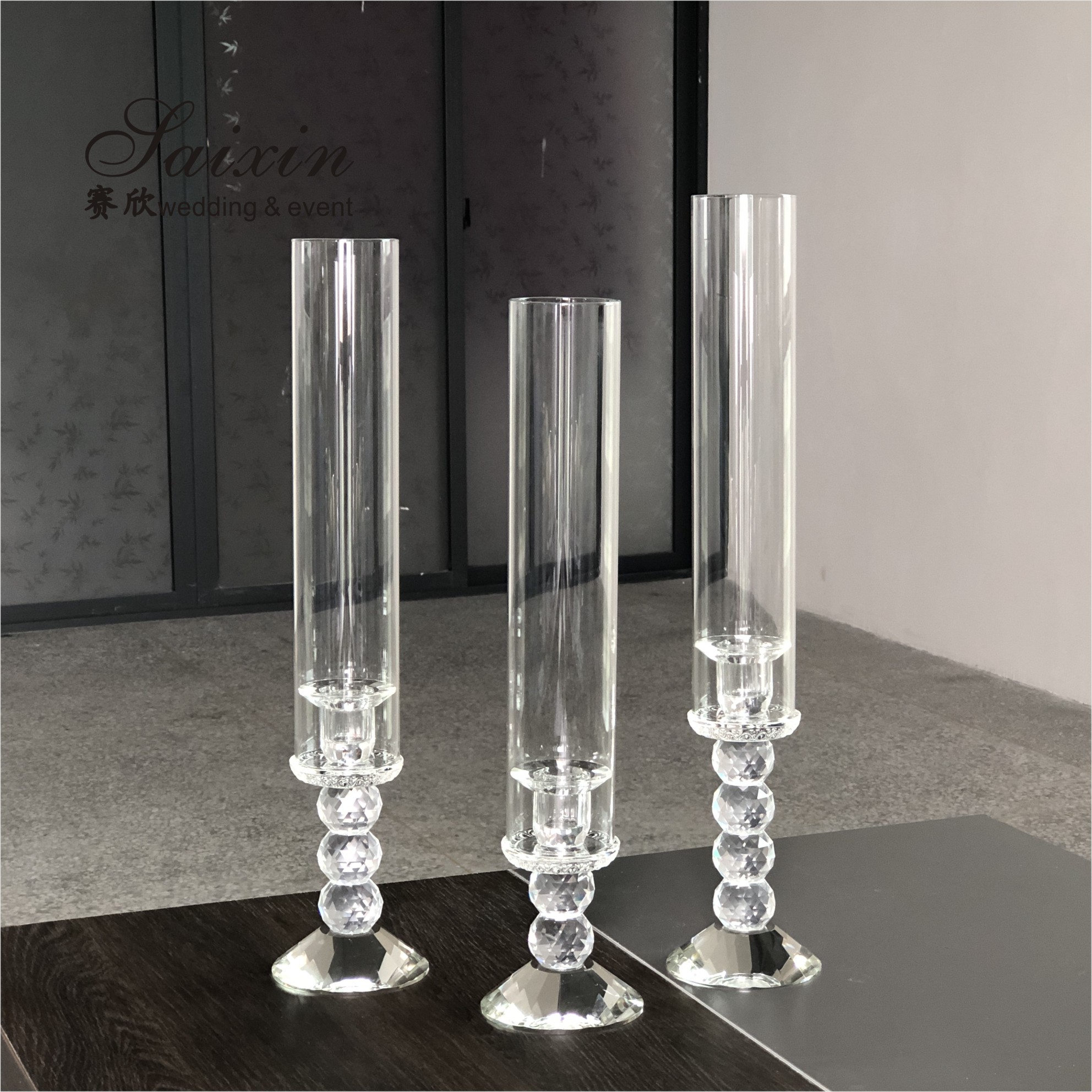 Saixin Wholesale luxury 3 pieces single crystal candle holders for wedding decor