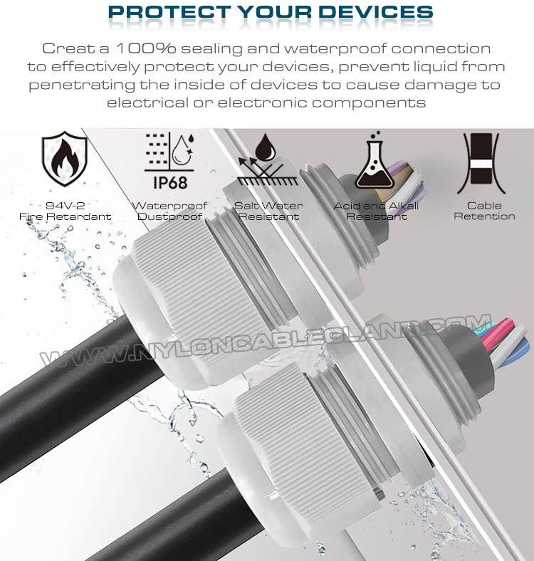 M20 Nylon Polymer Plastic Metric Cable Gland, Adjustable 6-12mm Watertight Cable Gland with Fluoroelastomer Seal