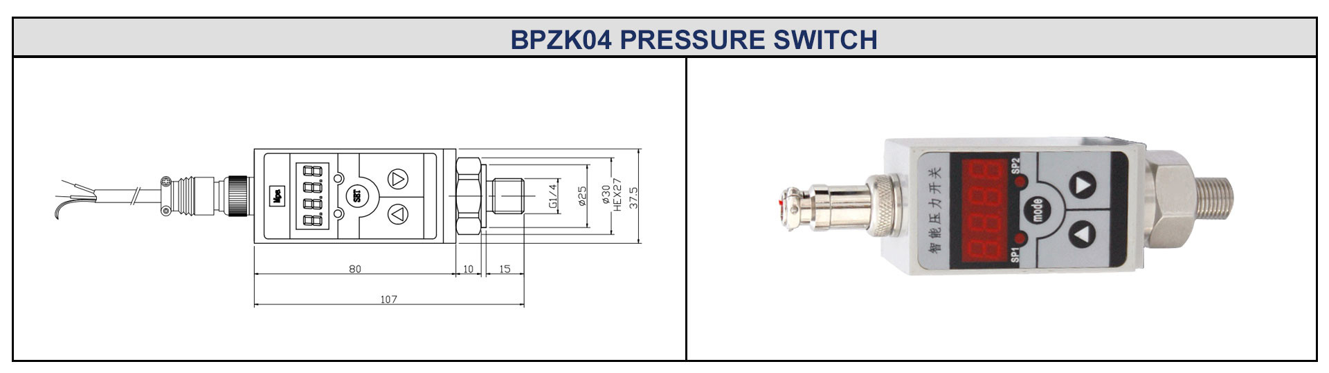 24VDC Powered Electronic Pressure Switch with Control Relay Output Switch