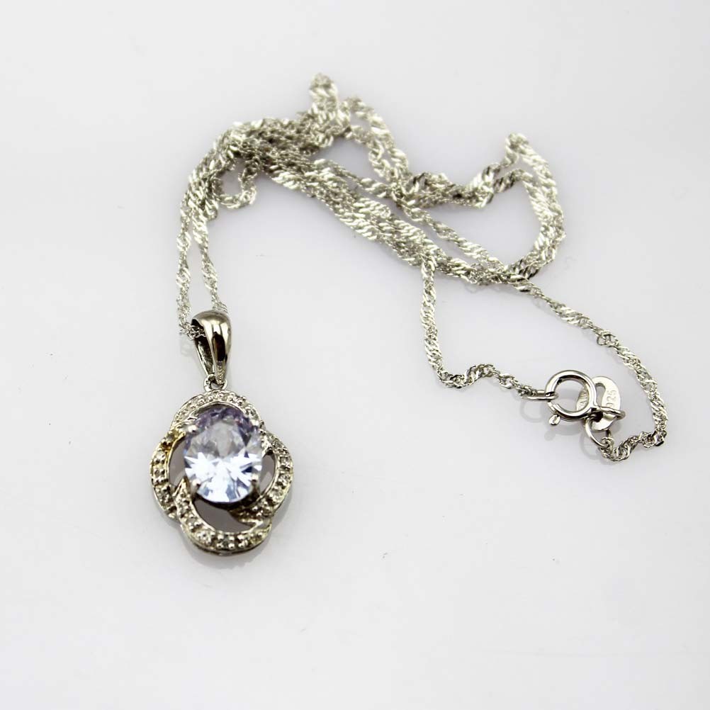925 Silver Pendant Necklace 7x9mm Oval Lavender Amethyst Cubic Zirconia (PSJ030)